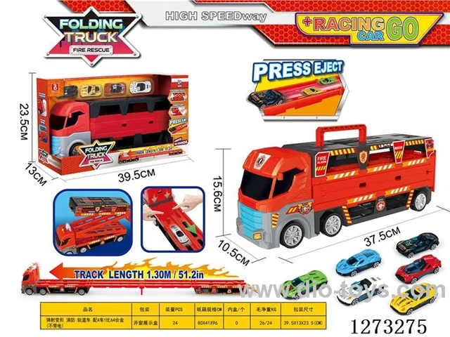 Launchable Transformable Fire Truck with 4 Cars, 1:64 Die-Cast Race Cars