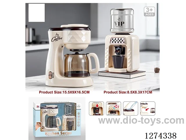 Coffee Maker: Lights, Music, Drip Sound; Water Dispenser: Lights/Music/Running Water/2*AA+2*AA (batteries not included)