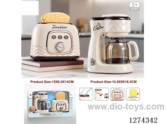 Toaster: Bread popping, Bell sound; Coffee Maker: Lights, Music, Drip sound / 2AA (batteries not included)