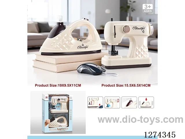 Sewing machine: Lights, simulated movement; Iron: Water spray, vibration / 2AA + 2AA not included