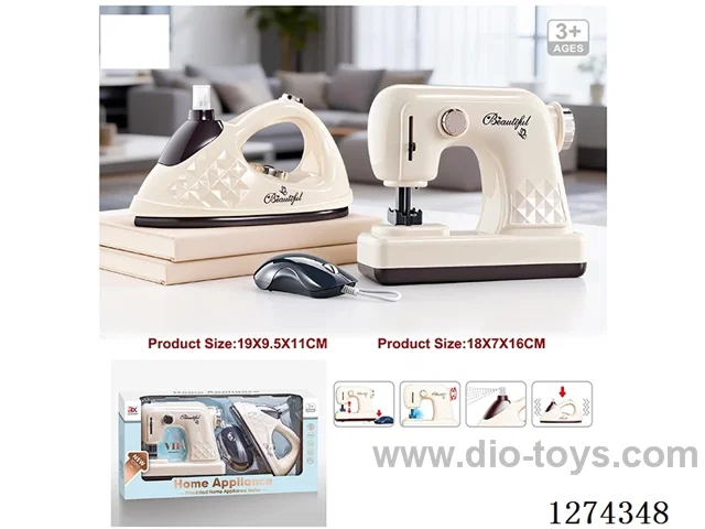 Sewing machine: Lights, simulated motion; Iron: Water spray, vibration / 2AA + 2AA not included