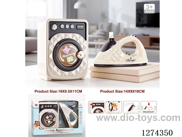 Washing machine: Lights, sound, rotation; Iron: Vibration, water spray / 2AA + 2AA (not included)