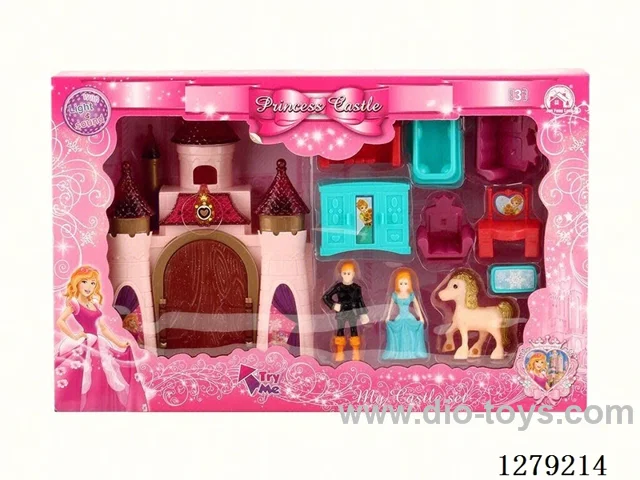 (GCC) Single-Sided Rainbow Light Castle with 12 Songs (2 Mixed, Includes 3 AG13 Batteries) + Furniture/Princess/Prince/Horse