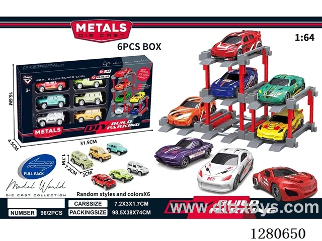 1:64 Free Wheel Die-Cast Cars. DIY. Parking Lot. Set. 6 Cars with 6 Parking Spaces