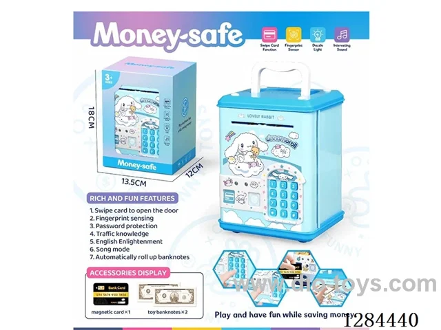 Piggy bank / Card access / Fingerprint recognition / Song mode / Requires 3 AA batteries (not included)