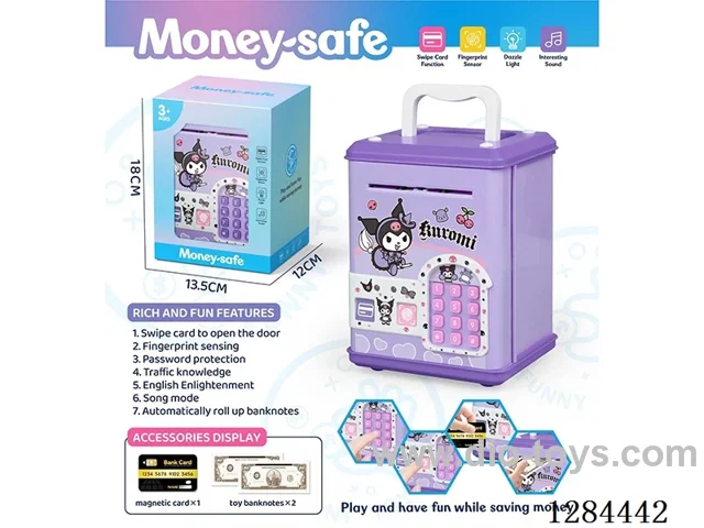 Piggy bank / Card access / Fingerprint recognition / Song mode / Requires 3 AA batteries (not included)