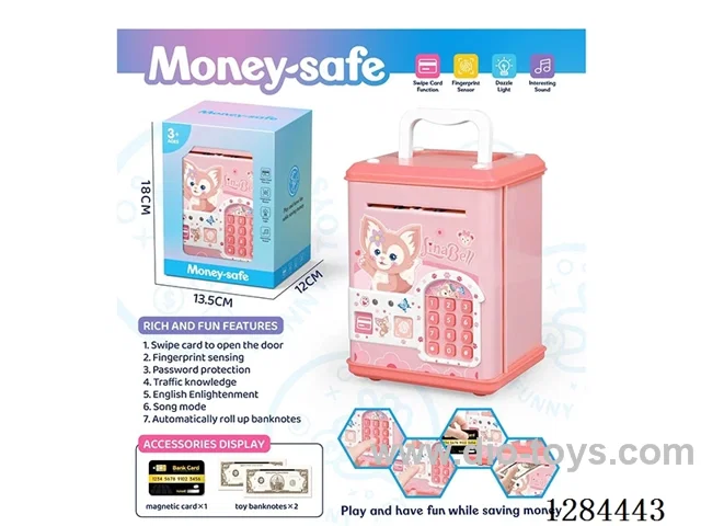 Piggy bank / Card access / Fingerprint recognition / Song mode / Requires 3 AA batteries (not included)