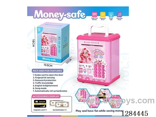 Piggy bank / Card access / Fingerprint recognition / Song mode / Requires 3 AA batteries (not included)