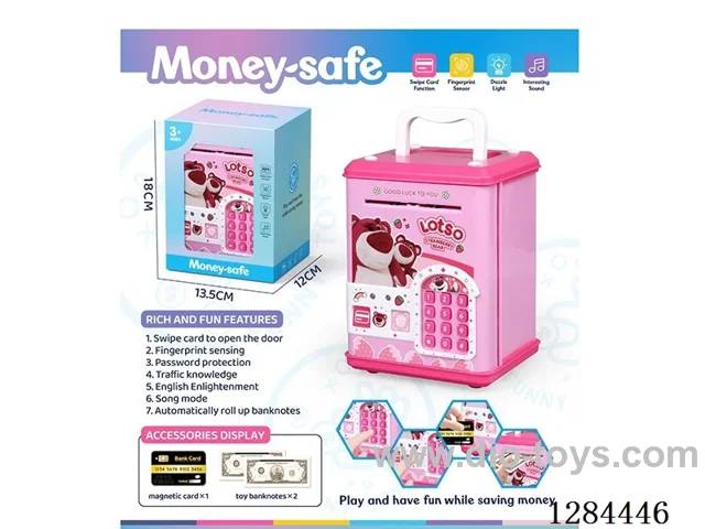 Piggy bank / Card access / Fingerprint recognition / Song mode / Requires 3 AA batteries (not included)