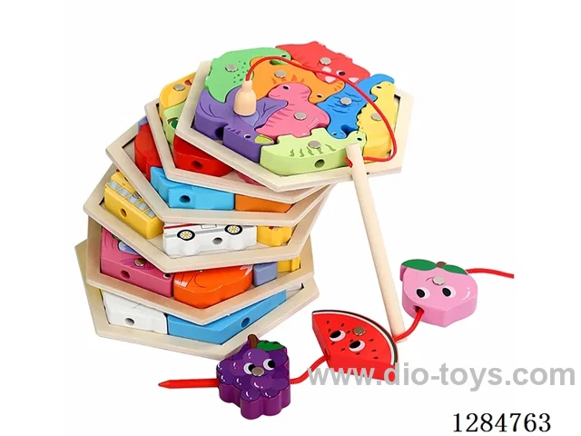 Wooden 3D Puzzle, Fishing Game, and Lacing Activity 3-in-1