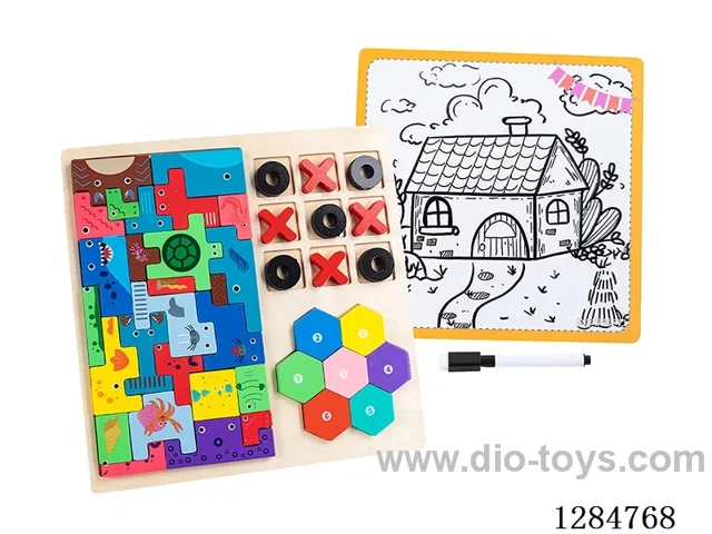 Wooden Tetris, Tic-Tac-Toe, and Shape Building Blocks Writing Board 4-in-1