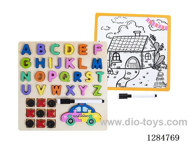 Wooden Alphabet Tic-Tac-Toe Puzzle Writing Board 4-in-1 - English