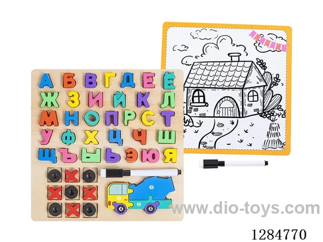 Wooden Alphabet Tic-Tac-Toe Puzzle Writing Board 4-in-1 - Russian