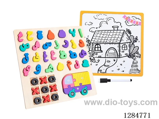 Wooden Alphabet Tic-Tac-Toe Puzzle Writing Board 4-in-1 - Arabic