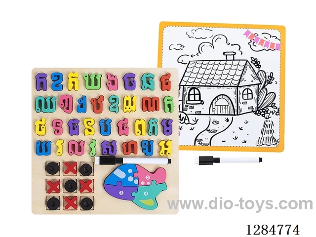 Wooden Alphabet XO Puzzle Writing Board 4-in-1 - Khmer