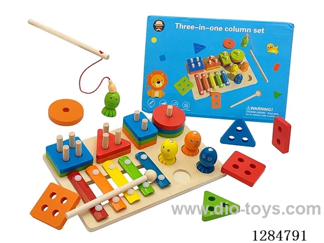 Wooden 3-in-1 Column Stacking, Fishing, and Xylophone