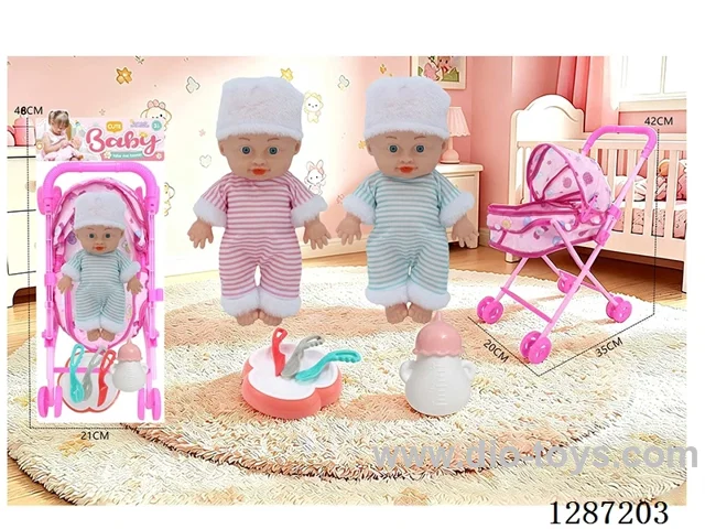 2 mixed 10-inch Dolls with 4-Voice IC + Tent Stroller + Bottle + Set of Knife, Fork, Spoon, and Plate