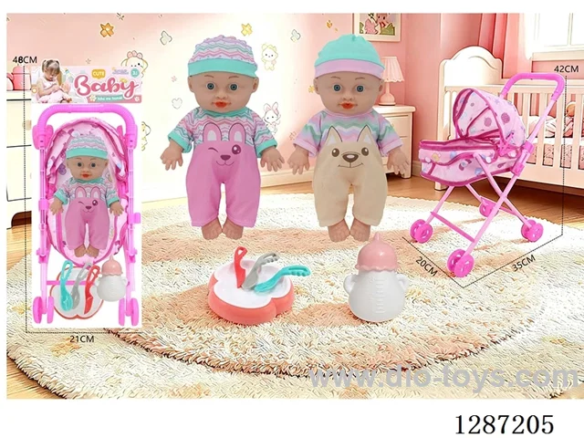 2 mixed 10-inch Dolls with 4-Voice IC + Tent Stroller + Bottle + Set of Knife, Fork, Spoon, and Plate