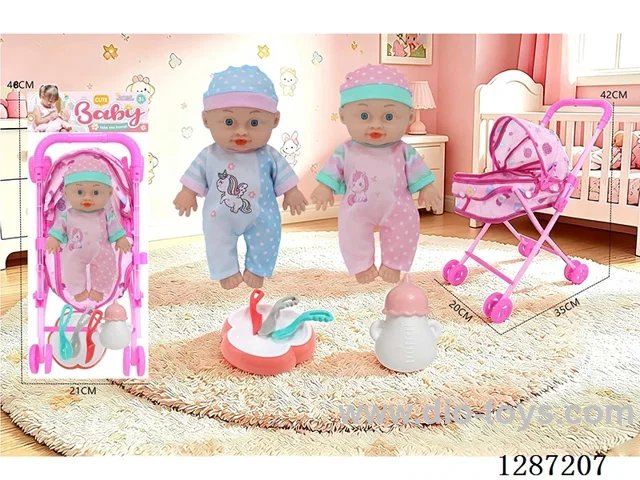 2 mixed 10-inch Dolls with 4-Voice IC + Tent Stroller + Bottle + Set of Knife, Fork, Spoon, and Plate