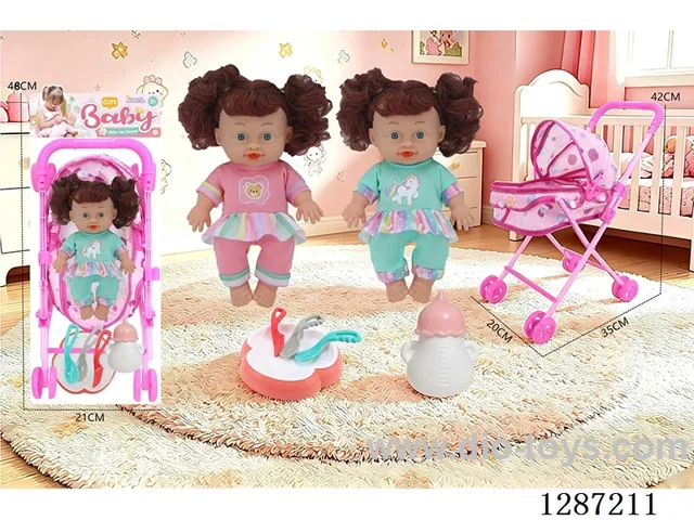 2 mixed 10-inch Dolls with 4-Voice IC + Tent Stroller + Bottle + Set of Knife, Fork, Spoon, and Plate
