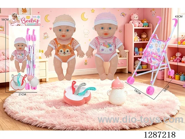 2 mixed 10-inch dolls with 4-voice IC + stroller + bottle + knife, fork, spoon, and plate