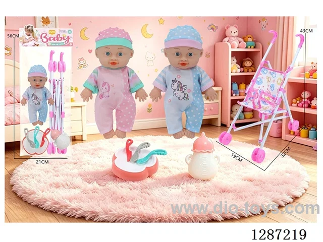 2 mixed 10-inch dolls with 4-voice IC + stroller + bottle + knife, fork, spoon, and plate