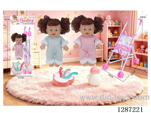 2 mixed 10-inch dolls with 4-voice IC + stroller + bottle + knife, fork, spoon, and plate