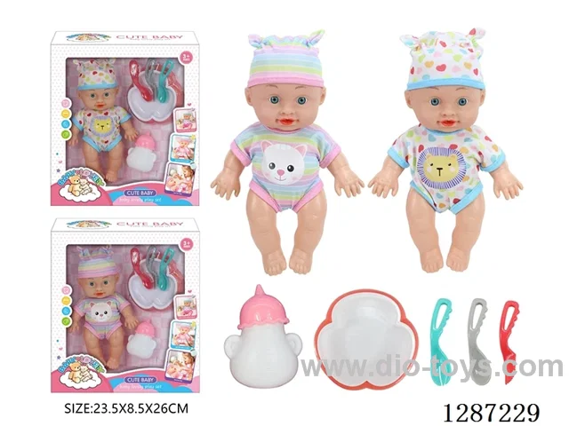 2 mixed 10-Inch Doll Set (Bottle + 4-PCS Tableware Set)