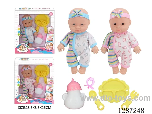 2 mixed 10-Inch Doll Set (Bottle + Pacifier + 3-PCS Tableware Set)