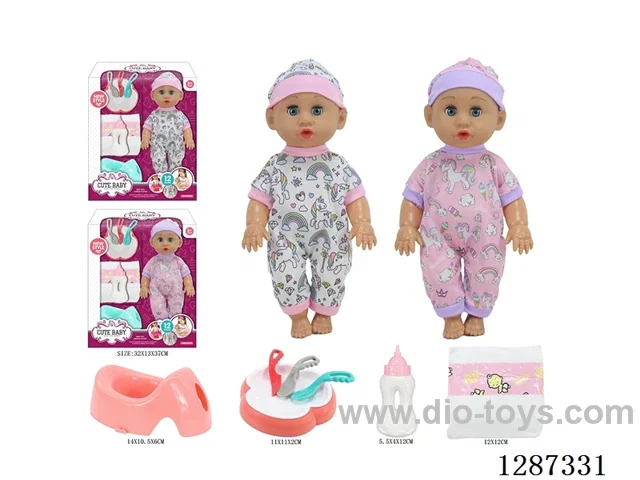 2 mixed 14-inch Moving-Eye Doll Drinking & Peeing (Doll + Diaper + Bottle + 4-PCS Meal Set + Potty) with 12 IC Sounds (included battery)