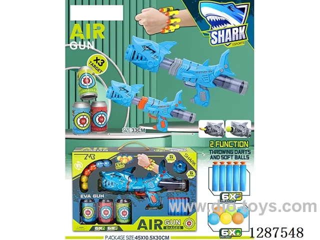 Shark (Blue) Dual-Use Air-Powered Gun with 3 soda bottles (6 balls, 6 EVA bullets)