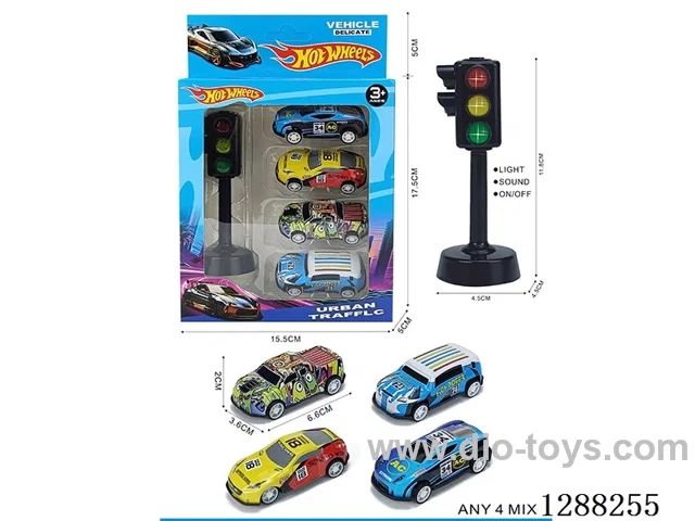 Traffic lights + 4 pull-back tin cars