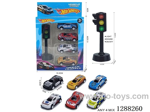 Traffic lights + 4 pull-back tin police cars