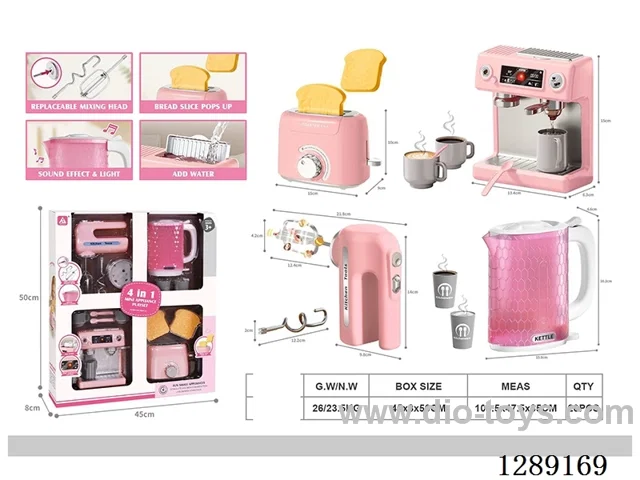 Small Appliances Coffee Maker, Kettle, Blender, and Toaster Large Box Set (Water Dispenser, Electric Lights and Sound Effects)