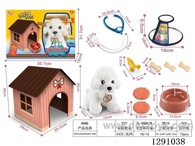 Plush Dog Vet Set - Elizabeth Dog Bowl, Crate, and Dog House