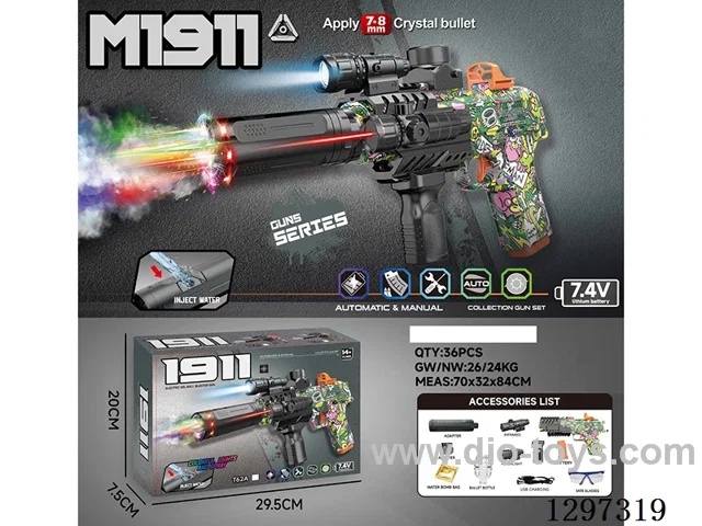 M1911 Electric Water bullet gun with light/spray - Manual/Automatic Mode and Top-Loading Magazine