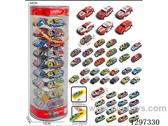 PVC Storage Bucket (Includes 36 Multi-Style, Multi-Color pull back Cars + Car Launcher)