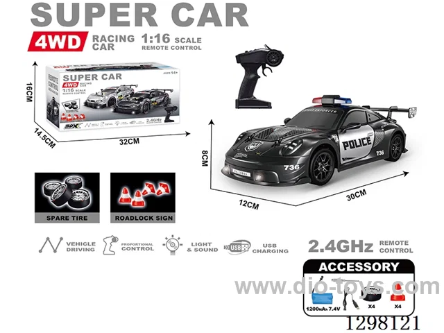 1:16 RC PVC Semi-Scale Drift Porsche Police Car, pre-assembled