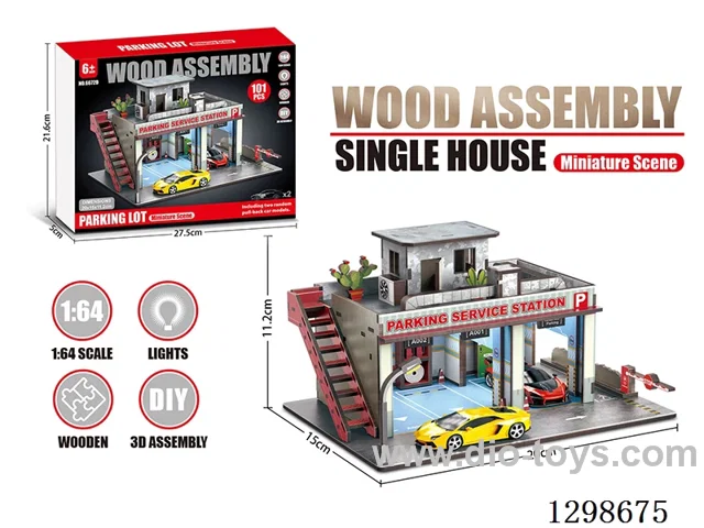 Wooden Toy Assembly Model Parking Lot Scene + 2 random pull back cars