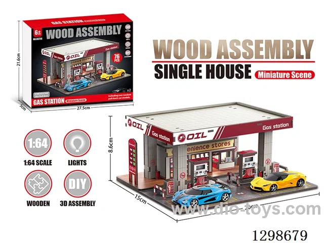 Wooden Toy Assembly Model Gas Station Scene + 2 random pull back cars