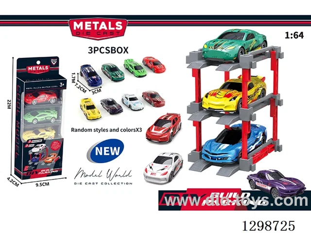 1:64 free wheel Die-Cast car DIY Parking Lot Set 3 Cars with 3 Parking Spaces