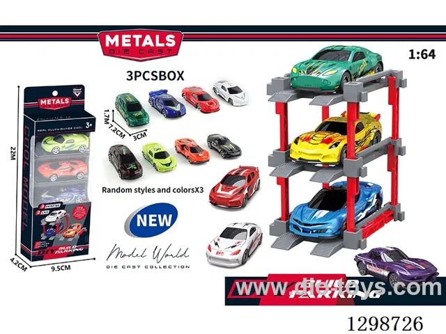 1:64 free wheel Die-Cast car DIY Parking Lot Set 3 Cars with 3 Parking Spaces