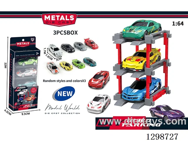 1:64 free wheel Die-Cast car DIY Parking Lot Set 3 Cars with 3 Parking Spaces