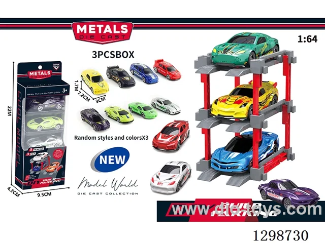 1:64 free wheel Die-Cast car DIY Parking Lot Set 3 Cars with 3 Parking Spaces