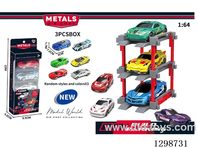 1:64 free wheel Die-Cast car DIY Parking Lot Set 3 Cars with 3 Parking Spaces