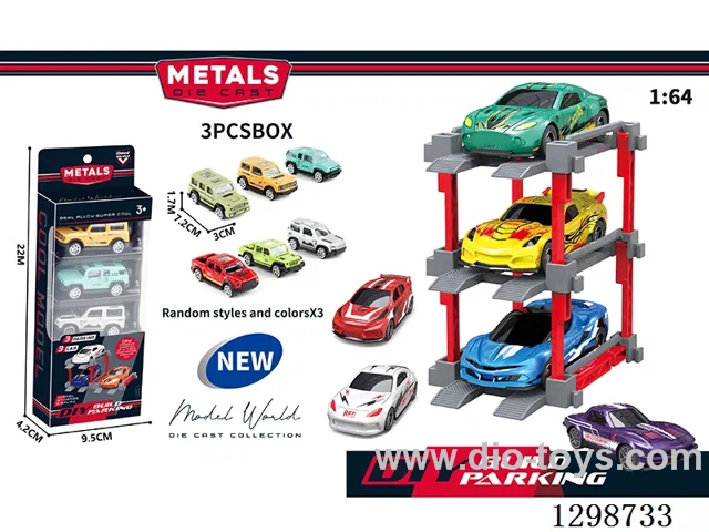 1:64 free wheel Die-Cast car DIY Parking Lot Set 3 Cars with 3 Parking Spaces
