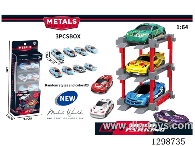 1:64 free wheel Die-Cast car DIY Parking Lot Set 3 Cars with 3 Parking Spaces