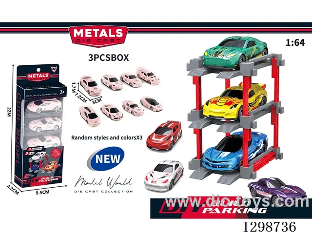 1:64 free wheel Die-Cast car DIY Parking Lot Set 3 Cars with 3 Parking Spaces