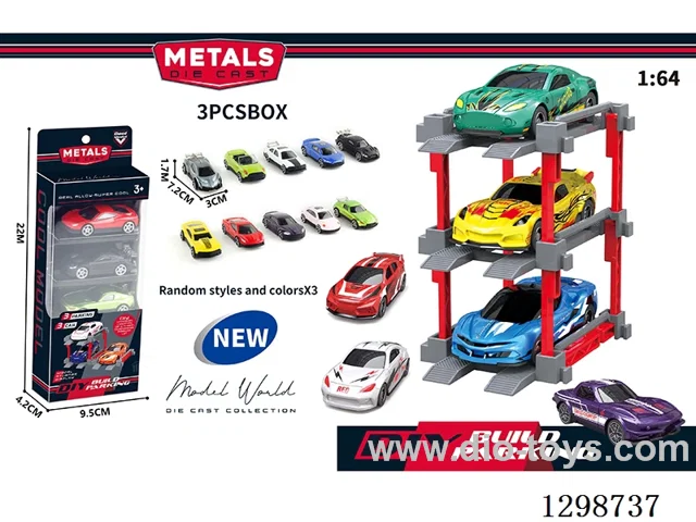 1:64 free wheel Die-Cast car DIY Parking Lot Set 3 Cars with 3 Parking Spaces
