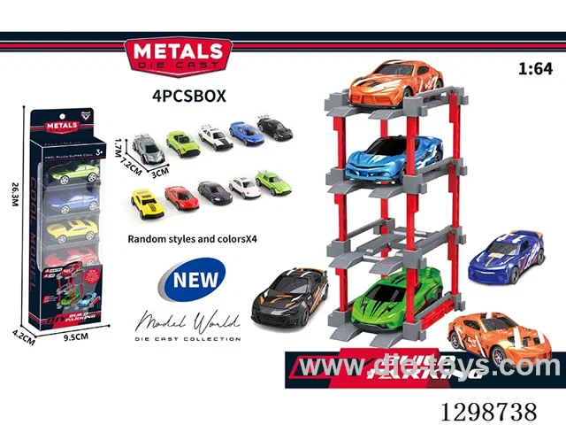 1:64 free wheel Die-Cast car DIY Parking Lot Set 4 Cars with 4 Parking Spaces